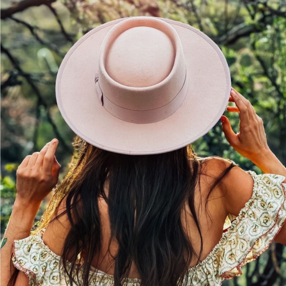 New Luna Bloom hand painted Dolly pink peach beige felt flat brim hat Stetson - Picture 3 of 4